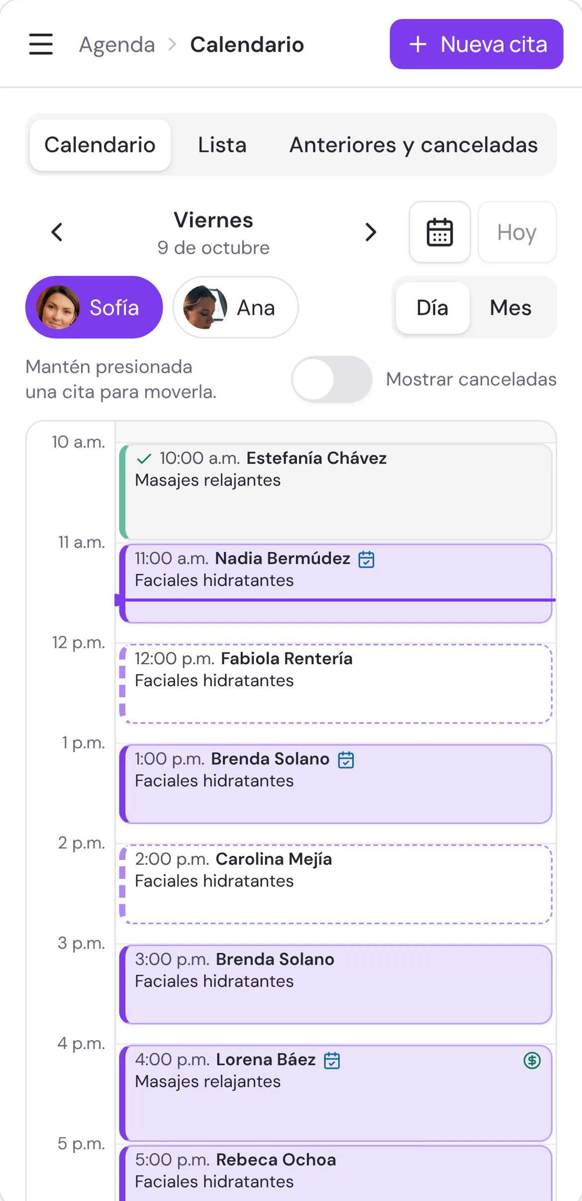 La agenda de Luna Spa en el celular: las citas de Sofía del viernes 9 de octubre, hora por hora