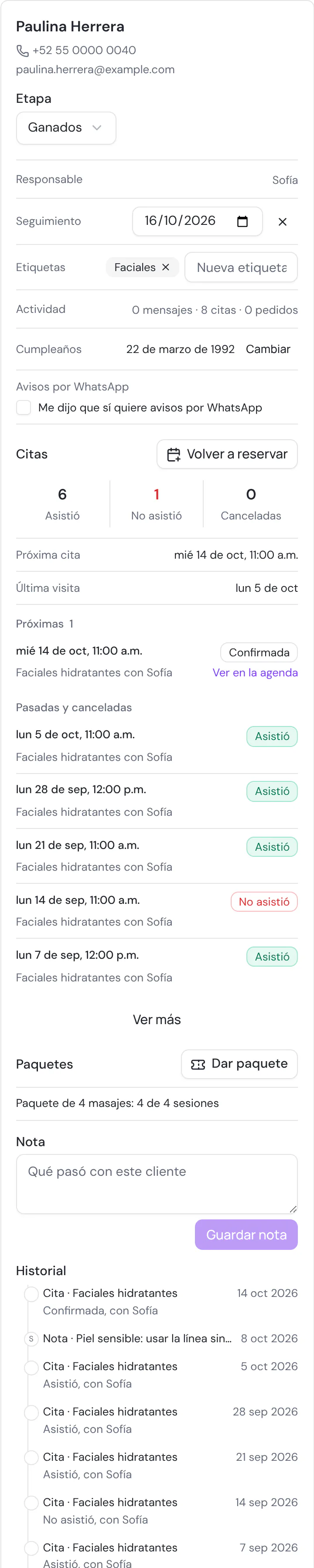 La ficha de Paulina Herrera en Luna Spa: su etapa, quién la atiende, su seguimiento, su cumpleaños y sus citas