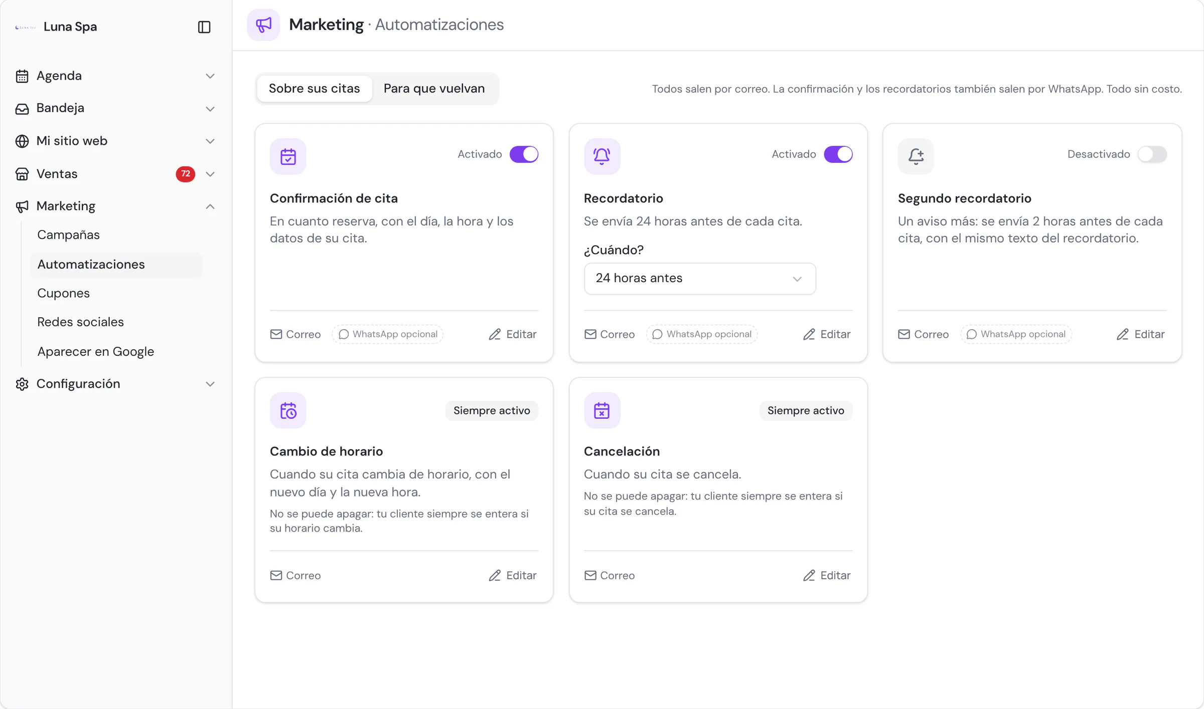 El recordatorio automático de Luna Spa, activado: se envía 24 horas antes de cada cita, por correo y por WhatsApp