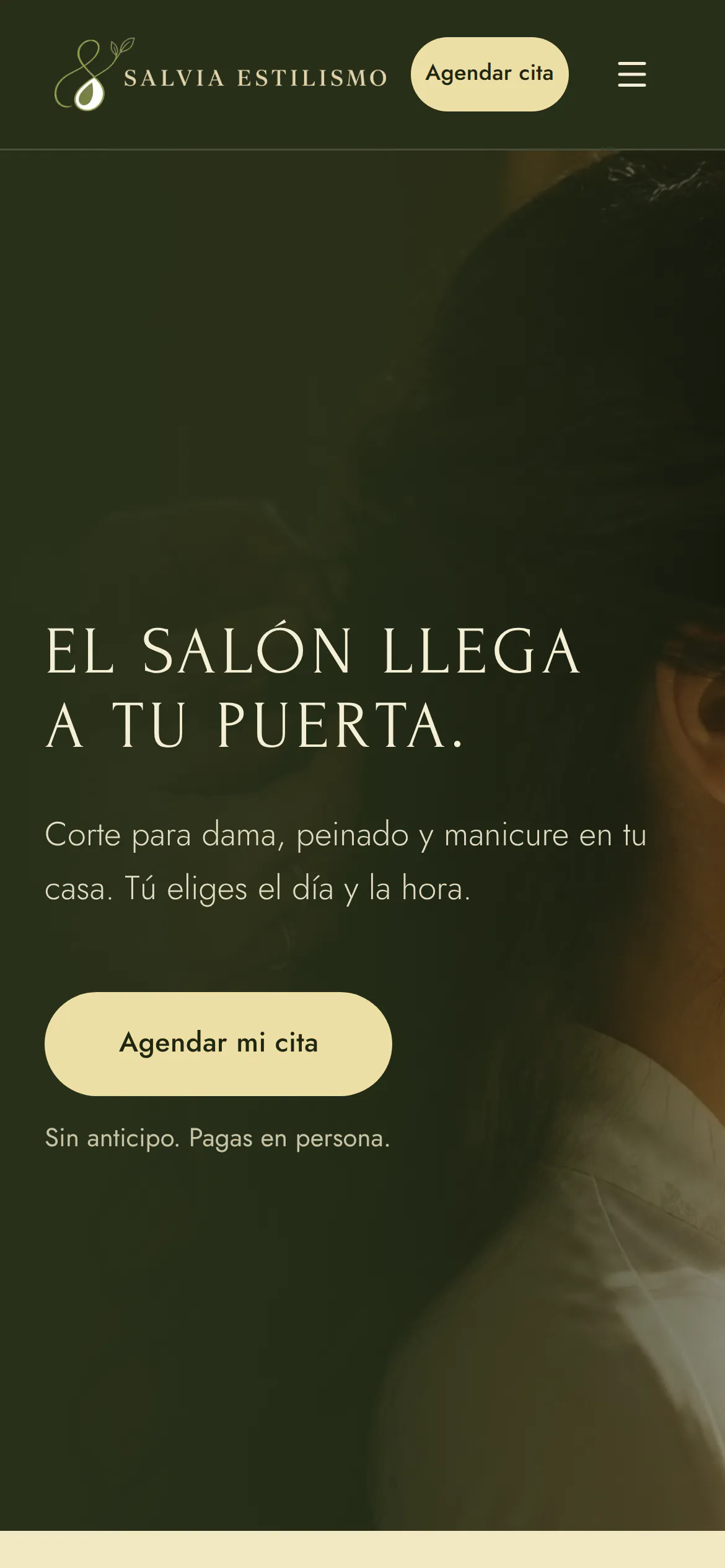 Die Website von Salvia Estilismo auf einem Handy: „Der Salon kommt zu dir nach Hause.“ und der Button „Meinen Termin buchen“